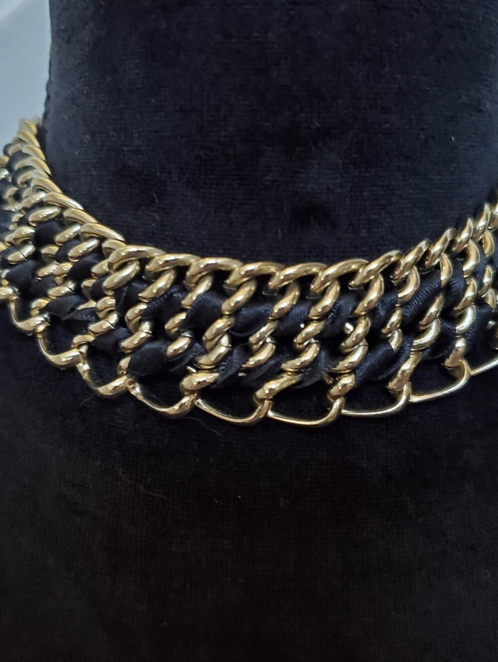 Gold Tone Chain and Black Ribbon Choker Necklace - Women Jewelry